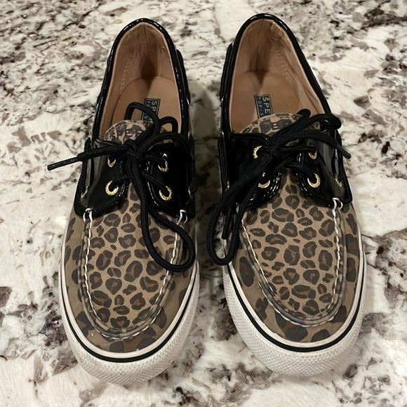 Sperry Topsiders Women's Leopard Canvas Black Patent Leather Boat Shoes … - Picture 7 of 11